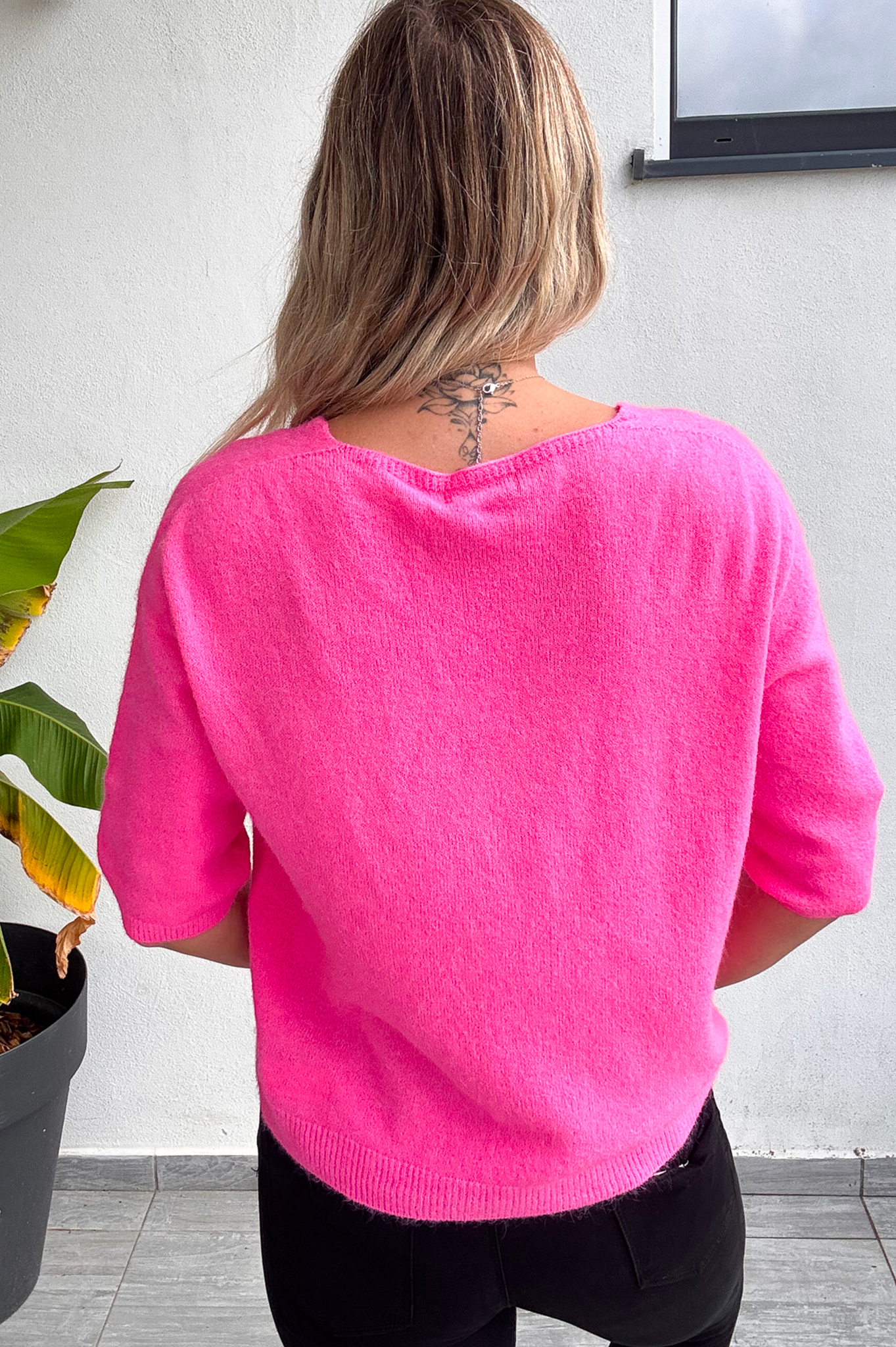 Pull fuchsia, col V, manches 3/4, matière douce