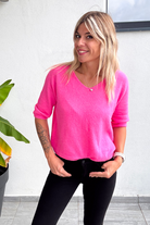Pull fuchsia, col V, manches 3/4, matière douce