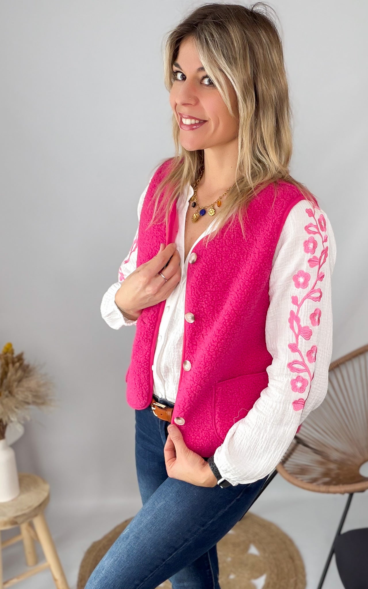 Gilet Sans Manches en Laine moumoute Fuchsia