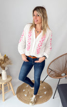 Blouse  en Gaze de Coton Blanche – Broderie Rose