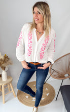 Blouse  en Gaze de Coton Blanche – Broderie Rose