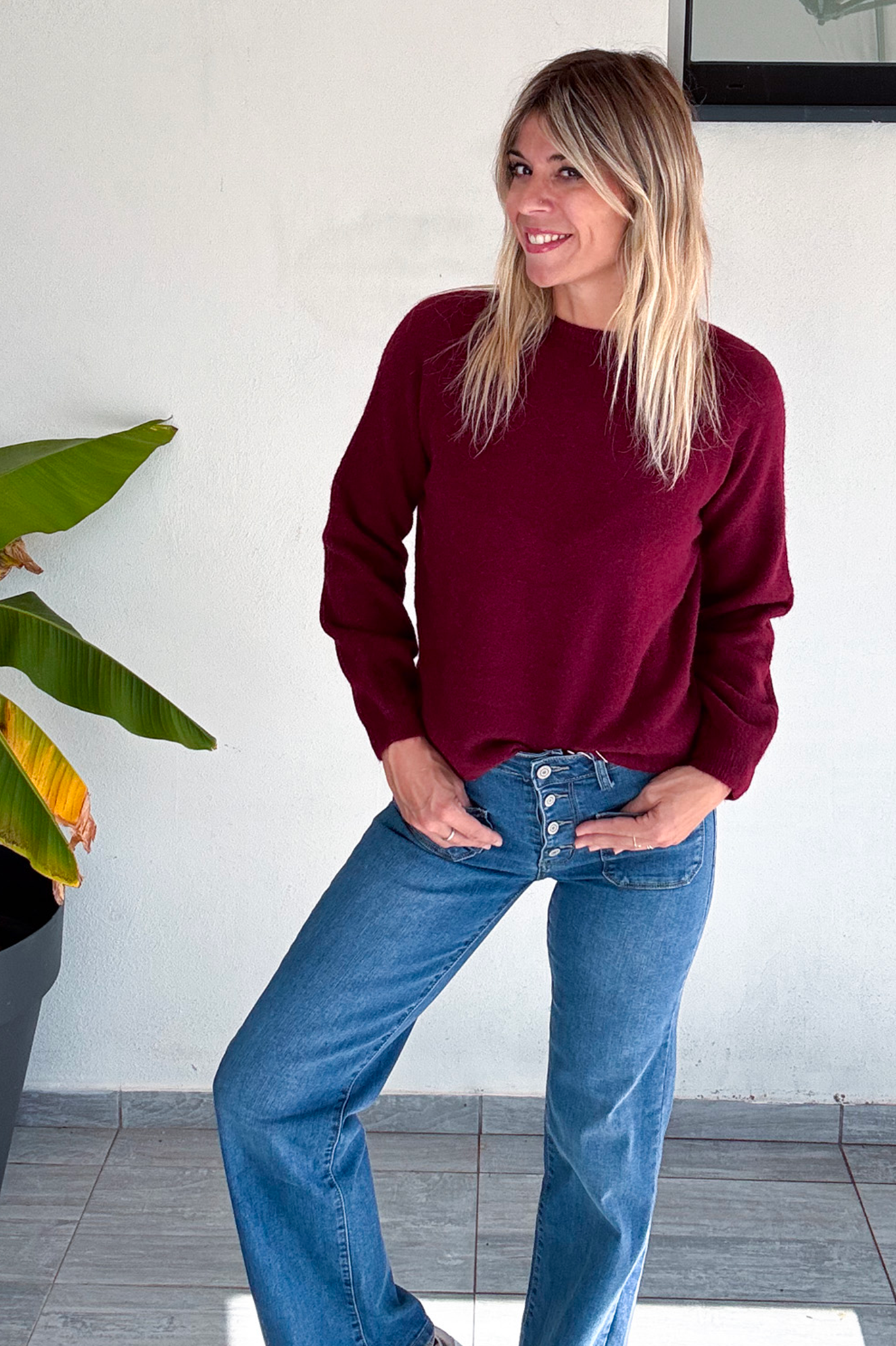 Pull bordeaux, col rond, matière douce