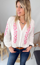 Blouse  en Gaze de Coton Blanche – Broderie Rose