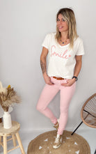 T-shirt blanc brodé "Smile" rose
