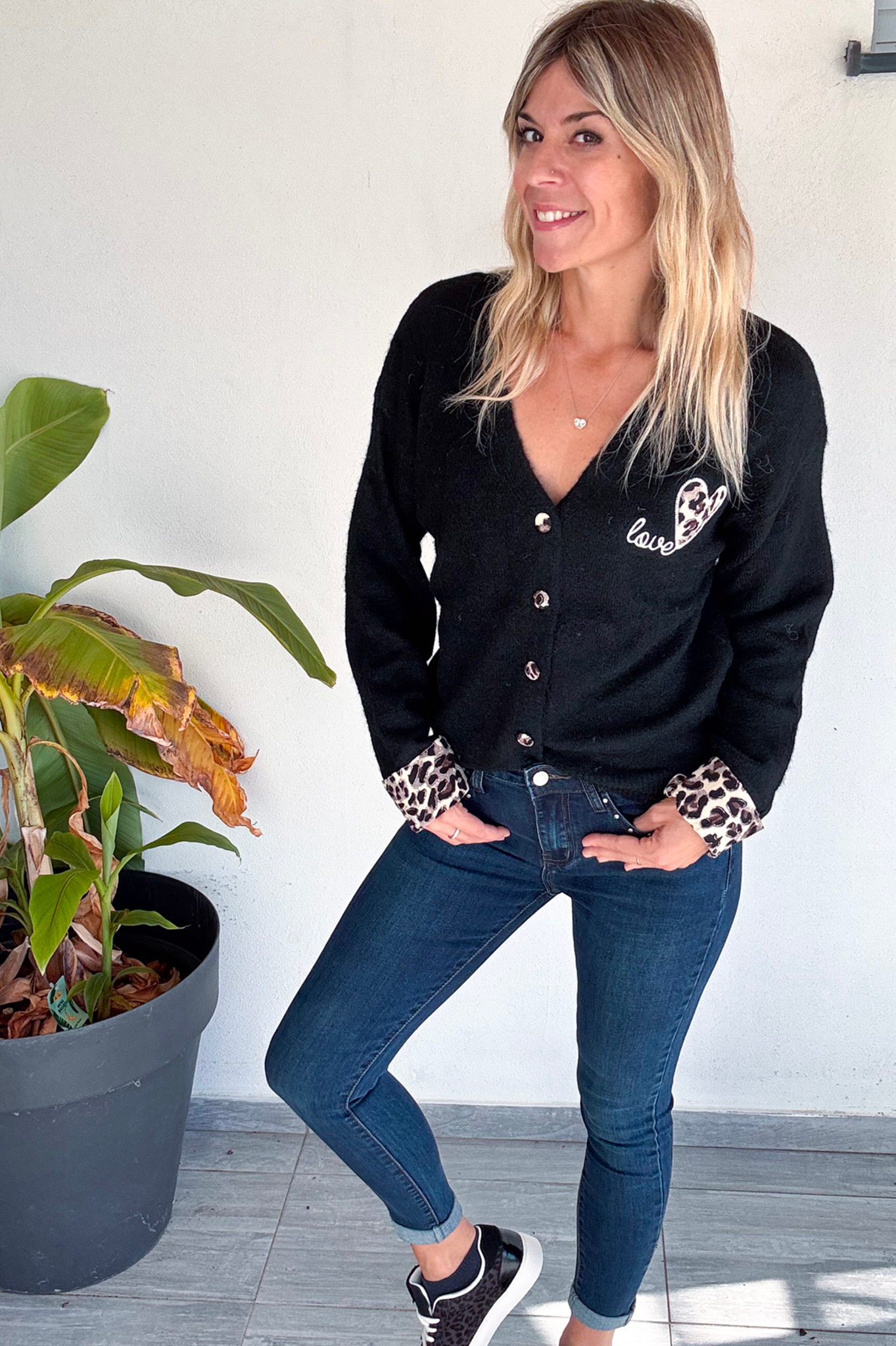 Gilet noir et léopard, broderie coeur 