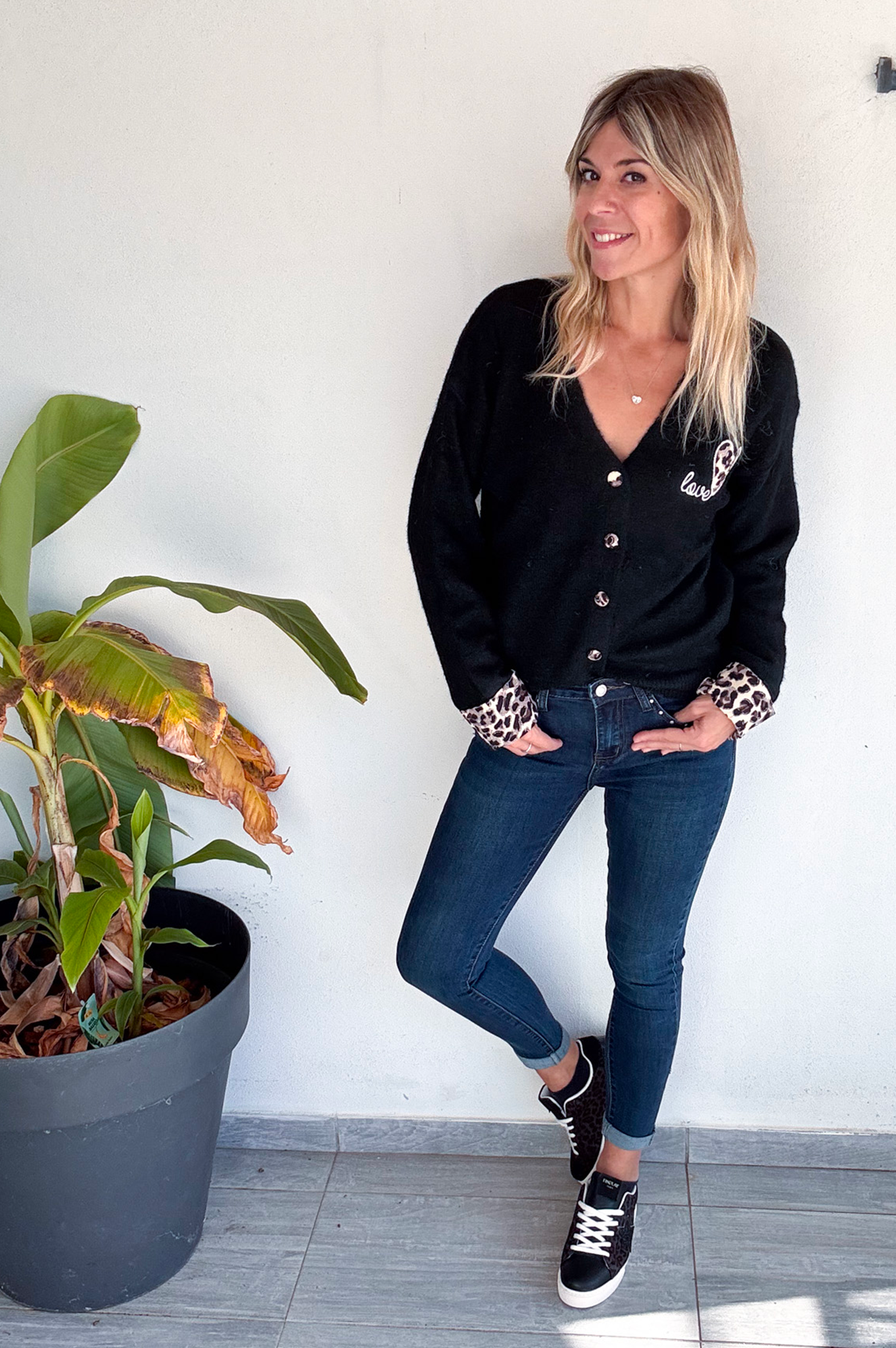 Gilet noir et léopard, broderie coeur 