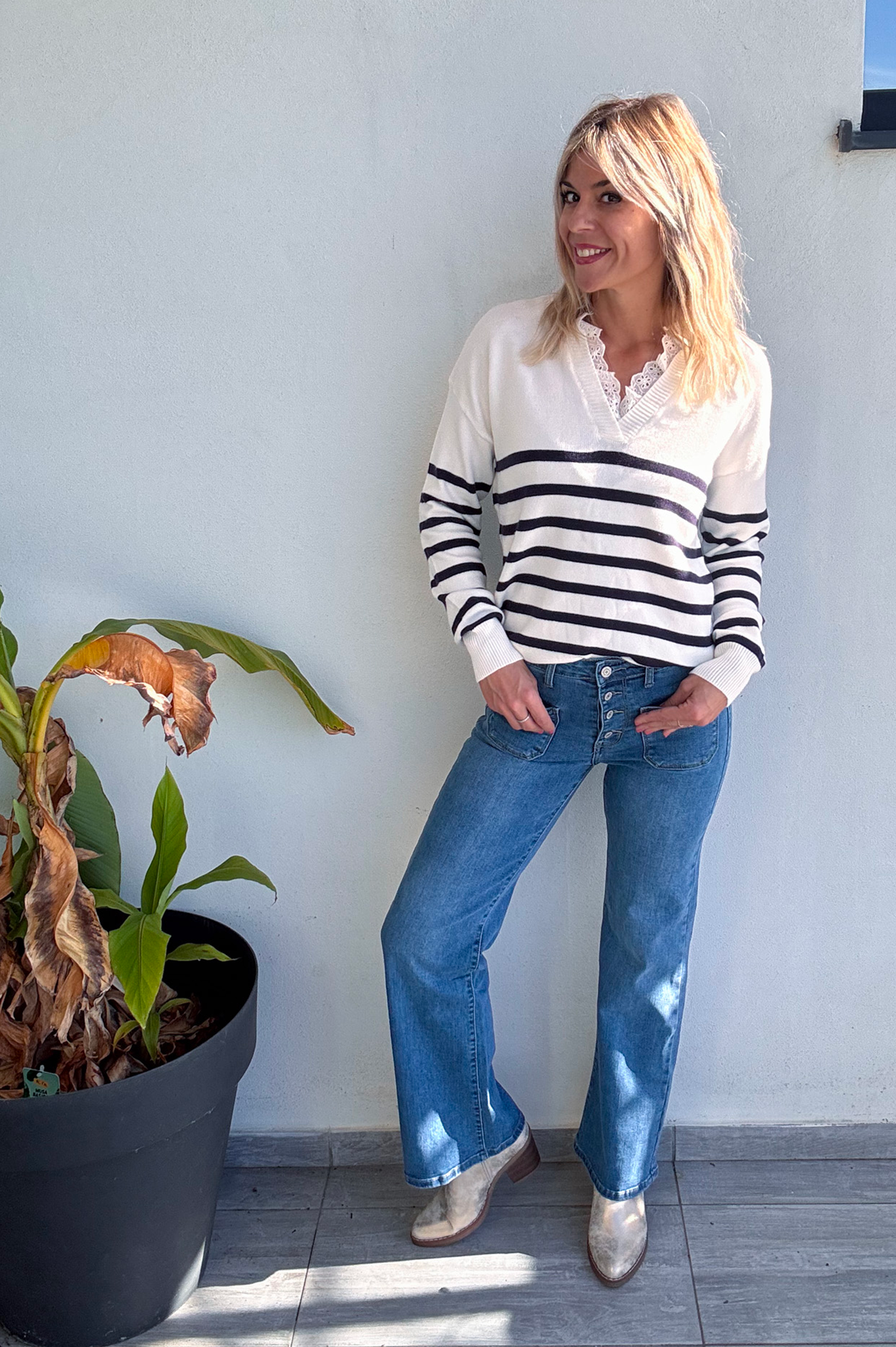 Pull Marinière Ecru rayé marine dentelle