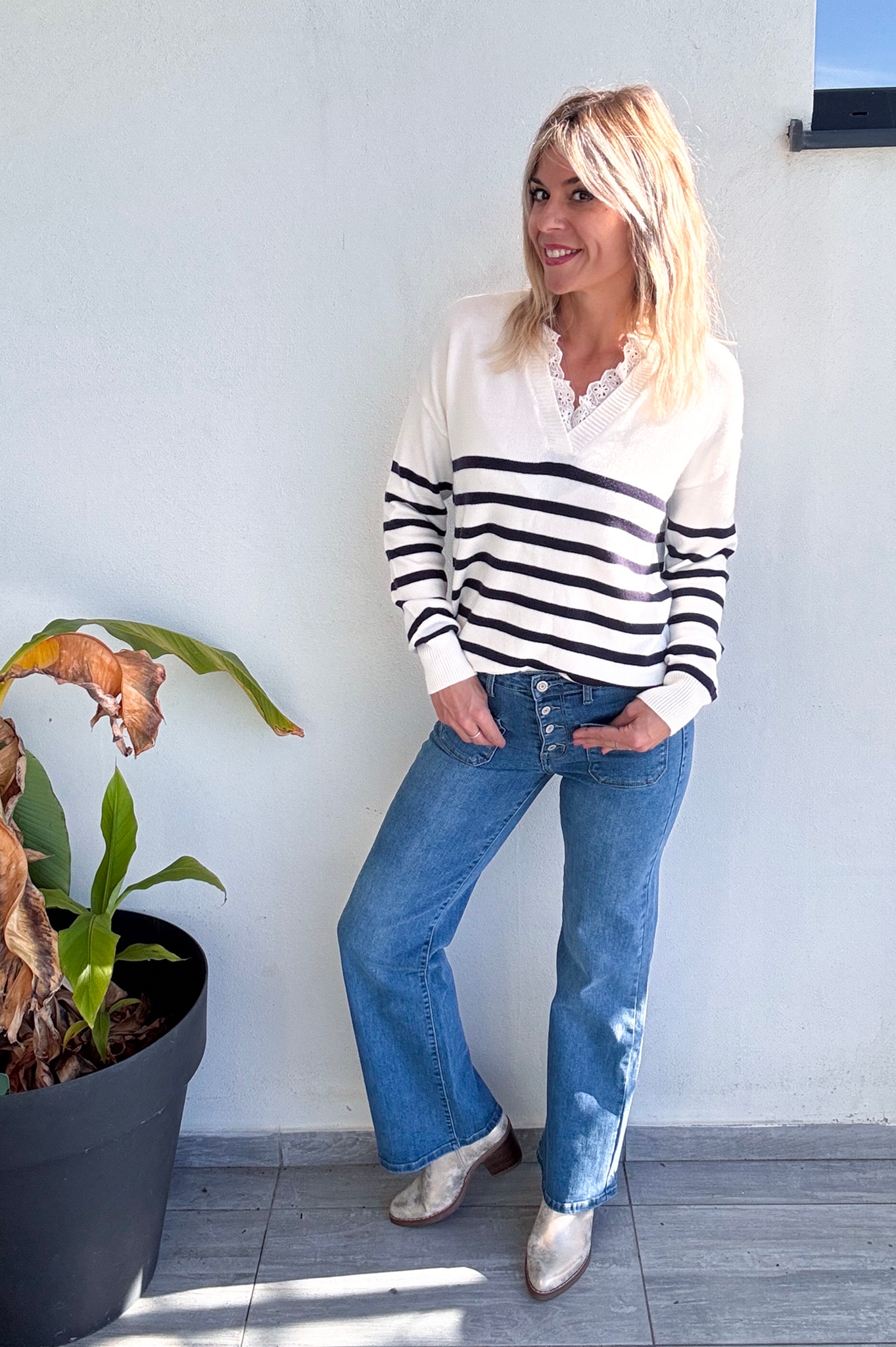Pull Marinière Ecru rayé marine dentelle