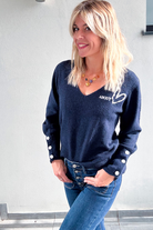 Pull marine col V, brodé About avec coeur strass la boutique de lydie 