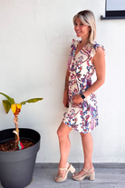  Robe courte beige motif rose et bleu la boutique de lydie