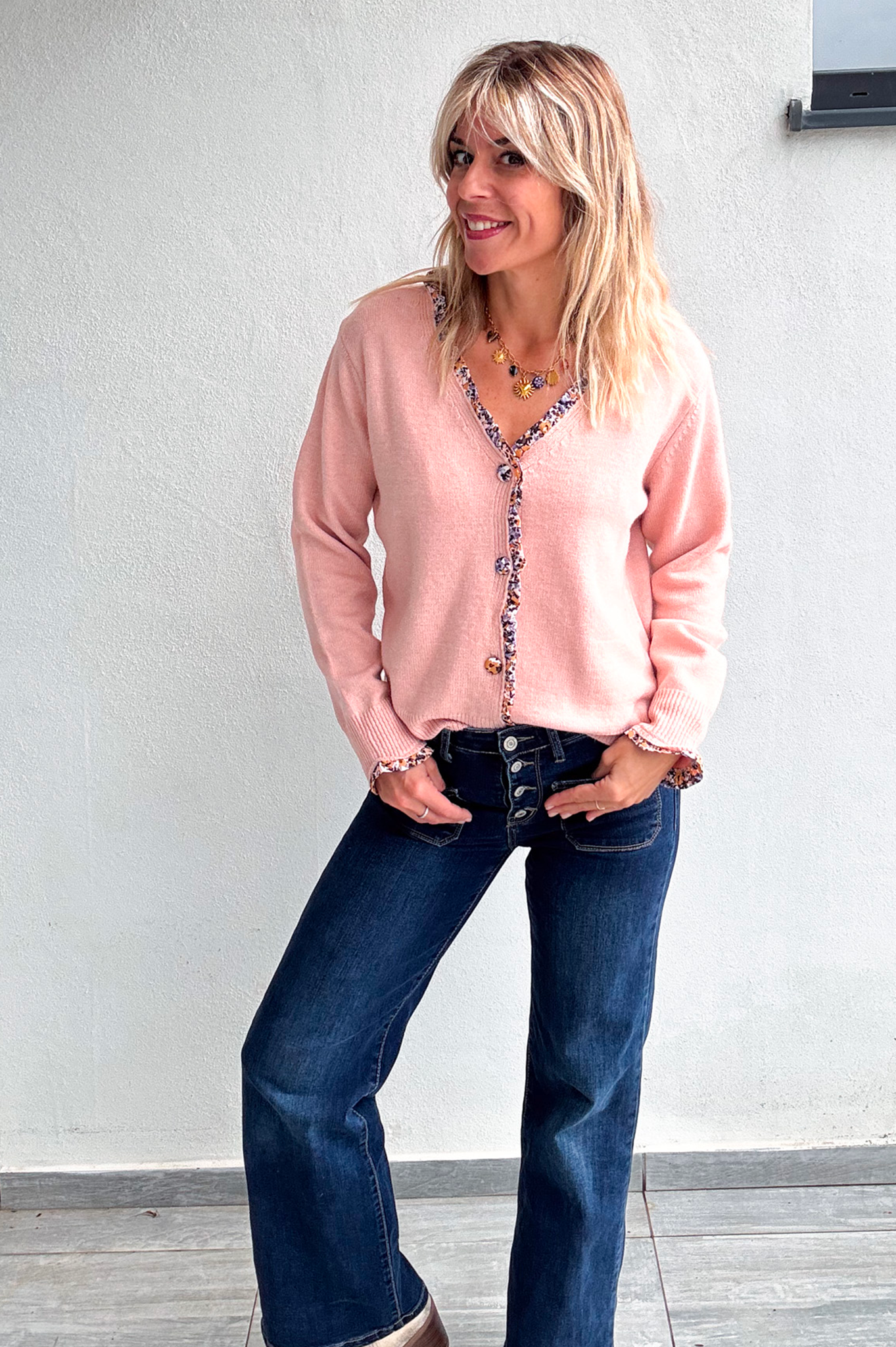 Gilet rose pale fleuri femme