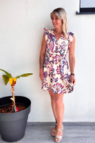 Robe courte beige motif rose et bleu
