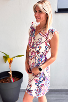 Robe courte beige motif rose et bleu