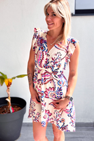 Robe courte beige motif rose et bleu