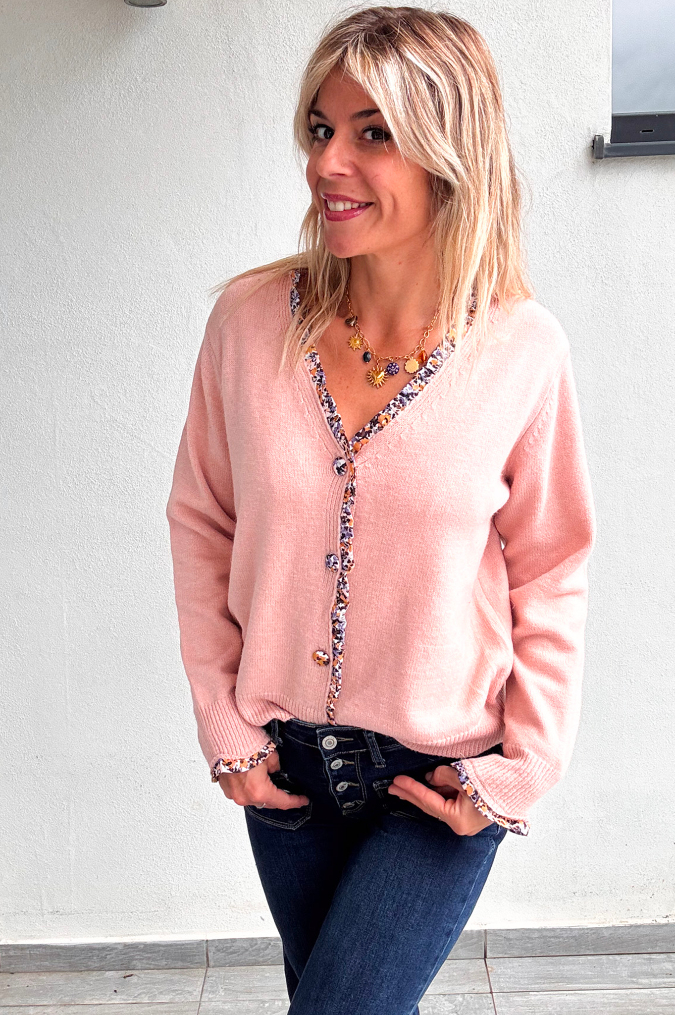 Gilet rose pale fleuri femme