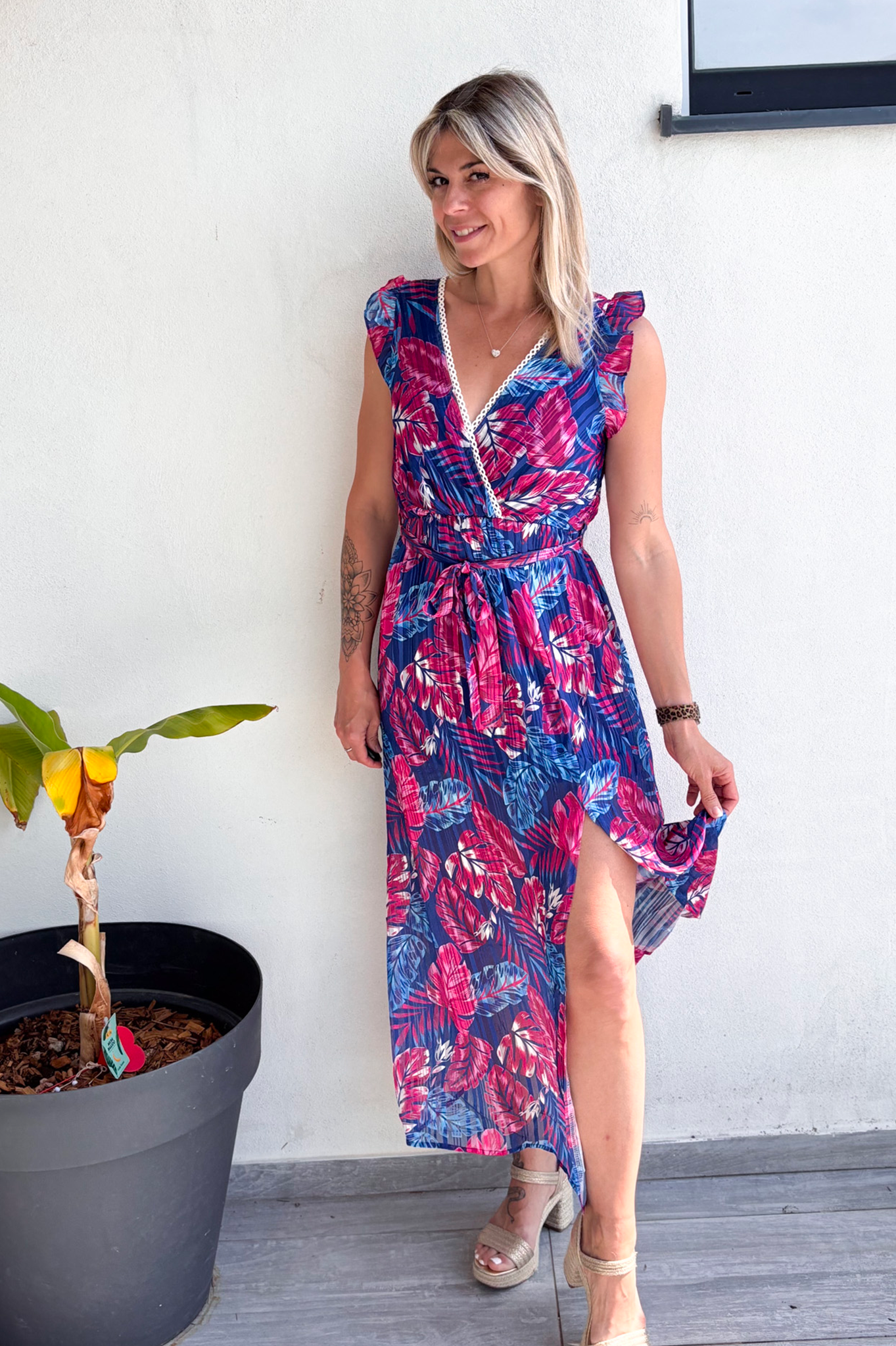 Robe longue bleu et rose