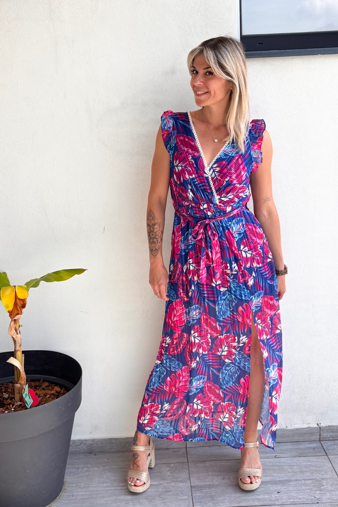 Robe longue bleu et rose
