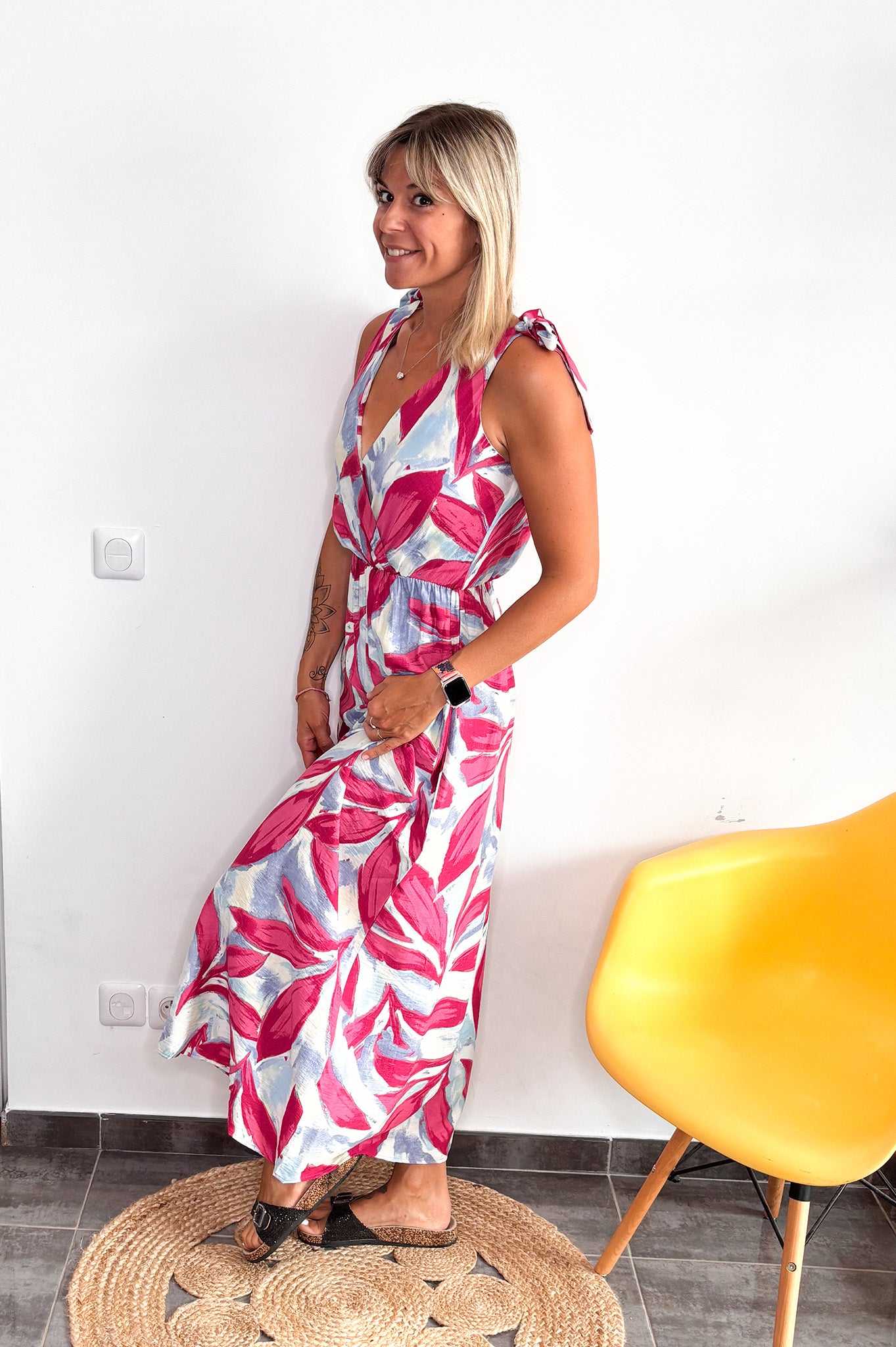 Robe longue motif feuillage rose la boutique de ydie