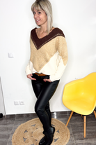 Pull tricolore beige, marron et écru avec sequin