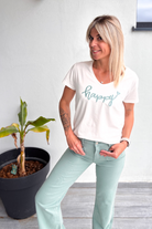 T-shirt blanc brodé "Happy" vert clair la boutique de lydie
