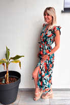 Robe longue à imprimé vert, orange et noir la boutique de lydie