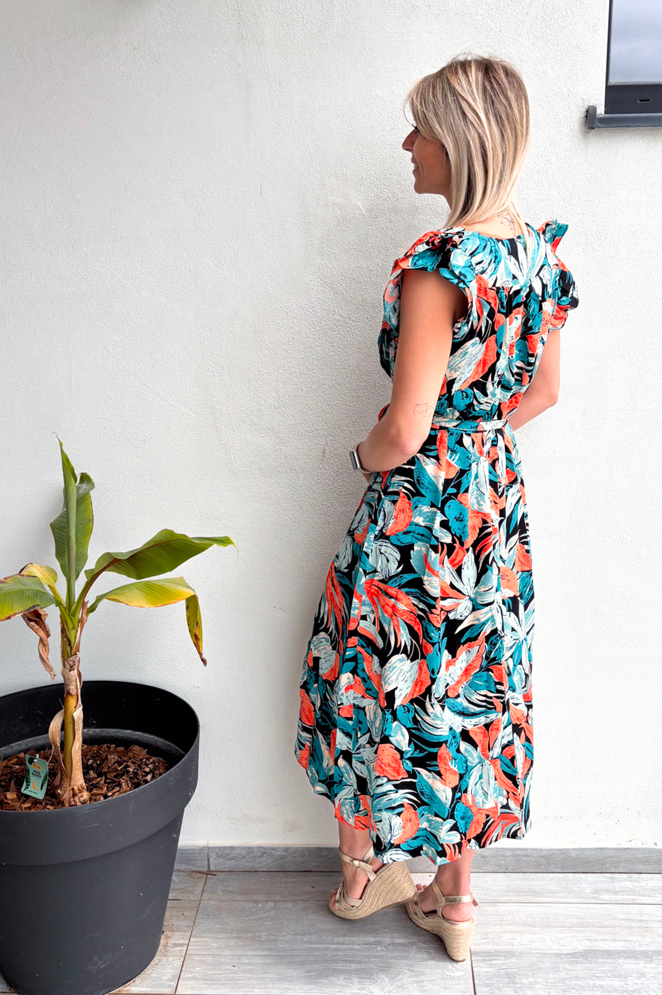  Robe longue à imprimé vert, orange et noir
