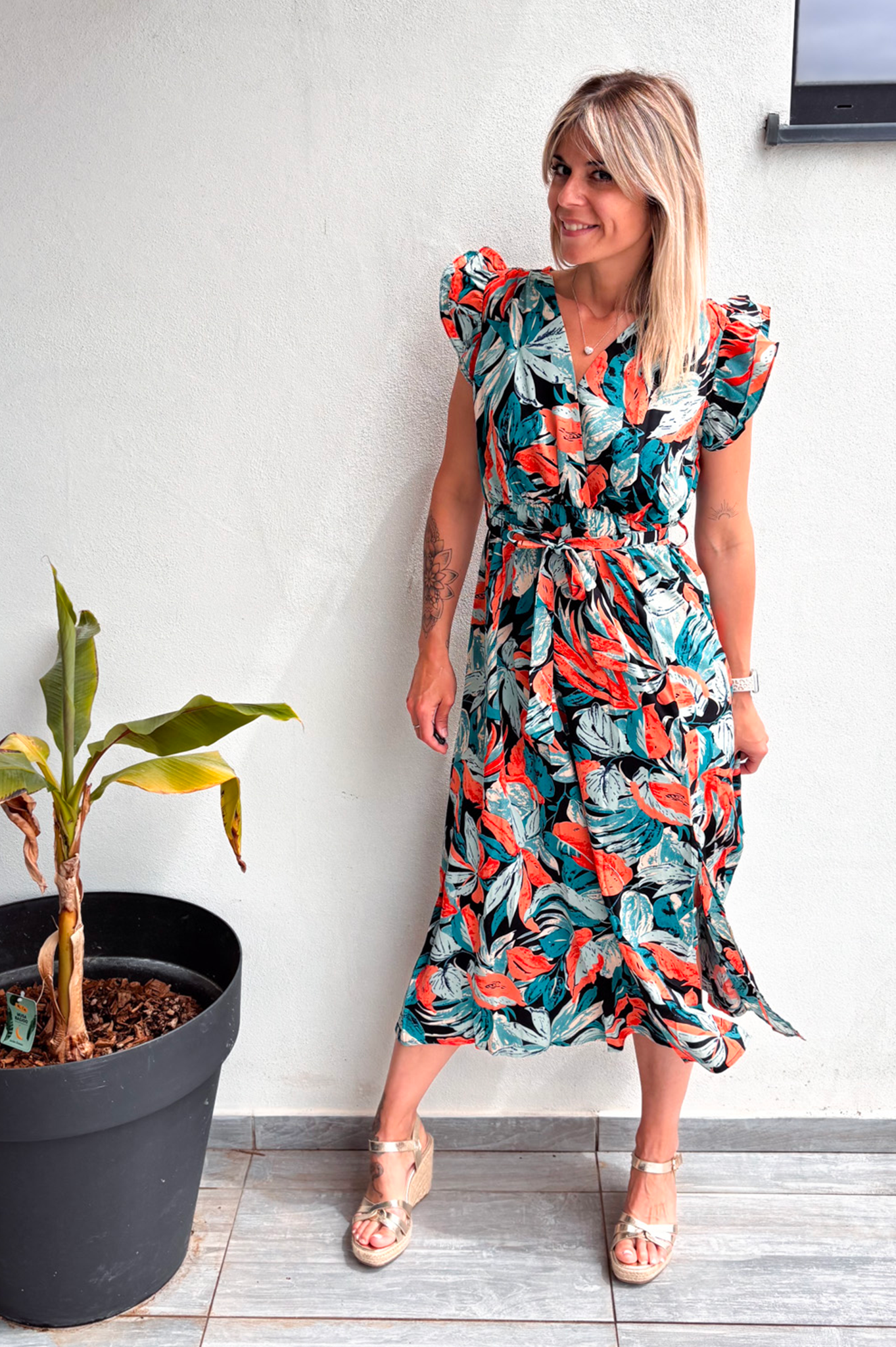 Robe longue à imprimé vert, orange et noir