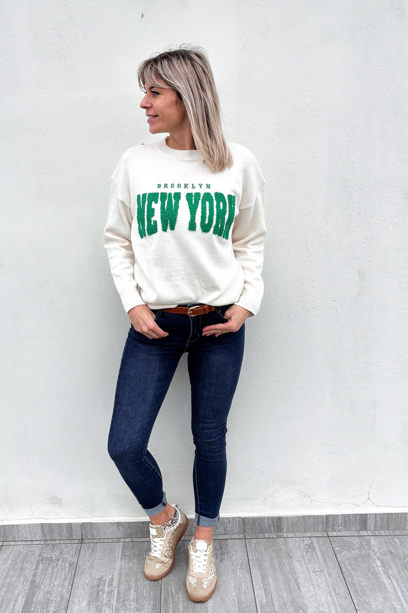 Pull écru brodé "Brooklyn NEW YORK"