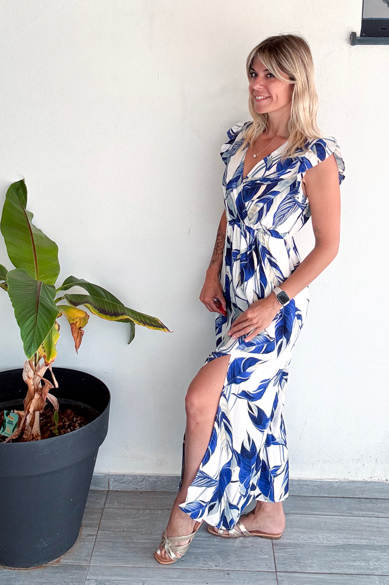 Robe longue blanche motifs bleus la boutique de lydie
