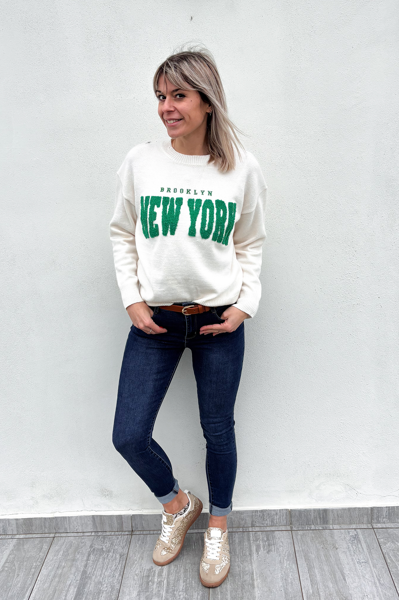 Pull écru brodé "Brooklyn NEW YORK"