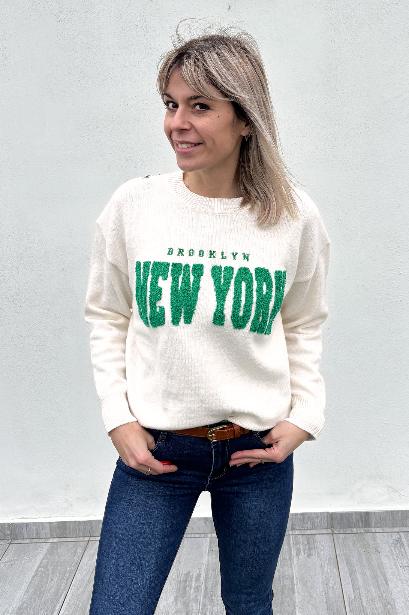 Pull écru brodé "Brooklyn NEW YORK" la boutique de lydie