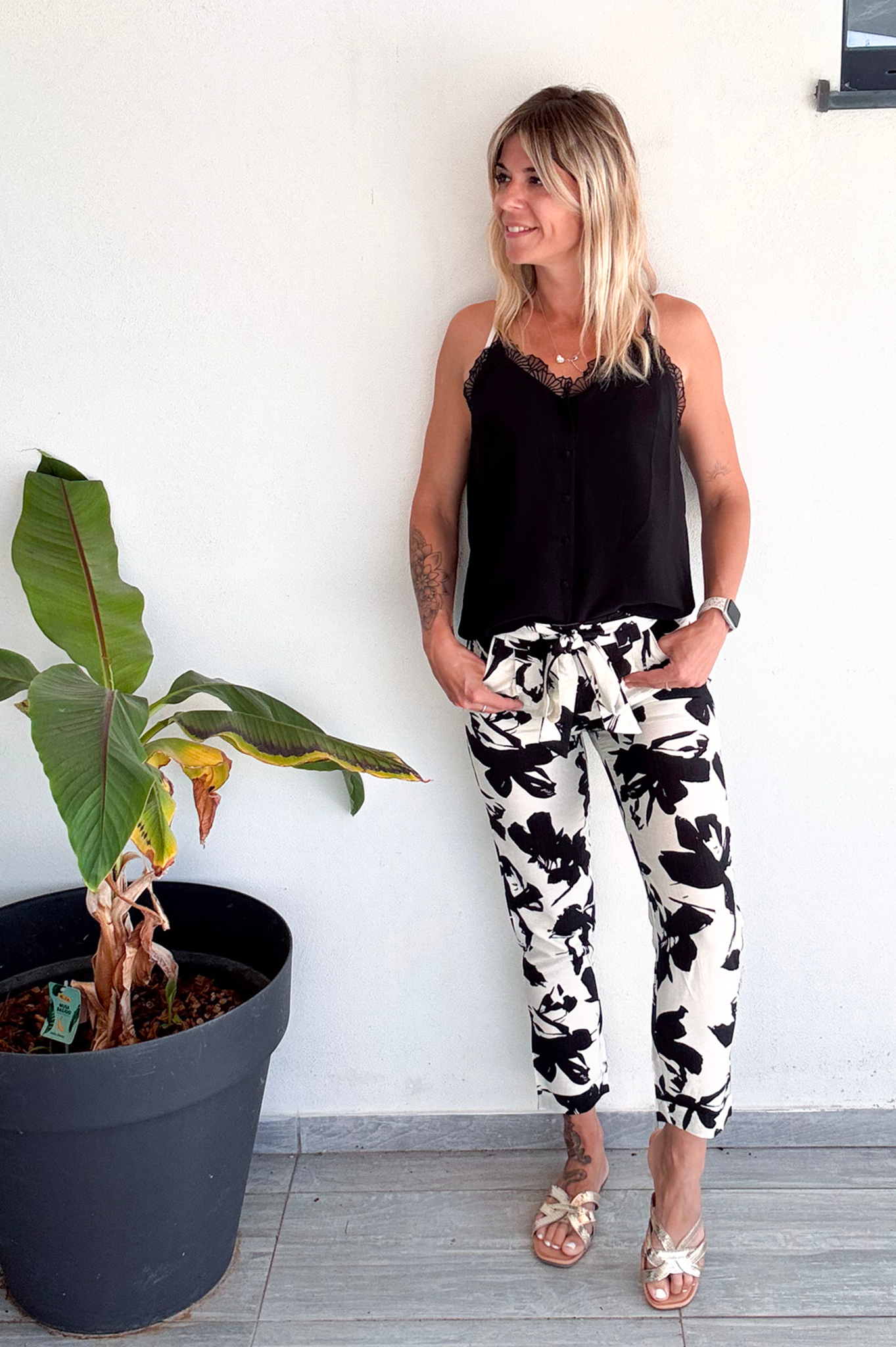 Pantalon fluide crème et noir