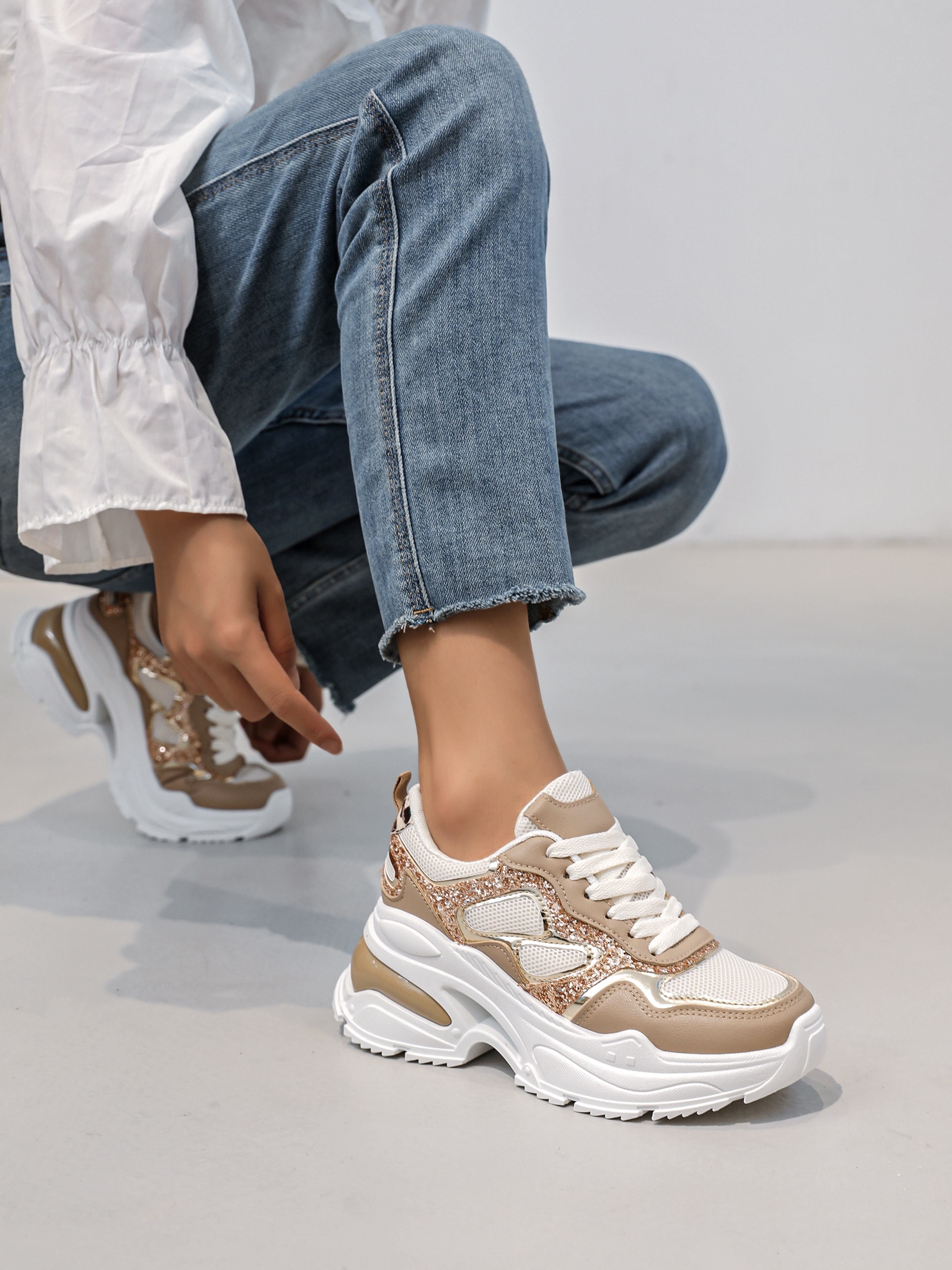 Baskets Sneaker Blanche et taupe avec paillette la boutique de lydie 