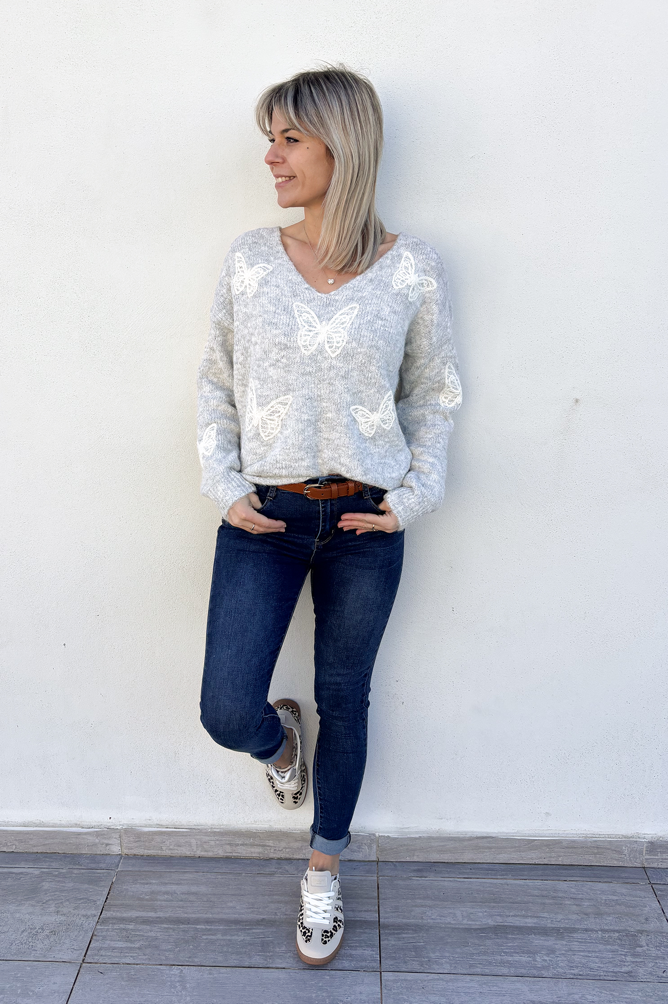 Pull gris clair Papillon la boutique de lydie