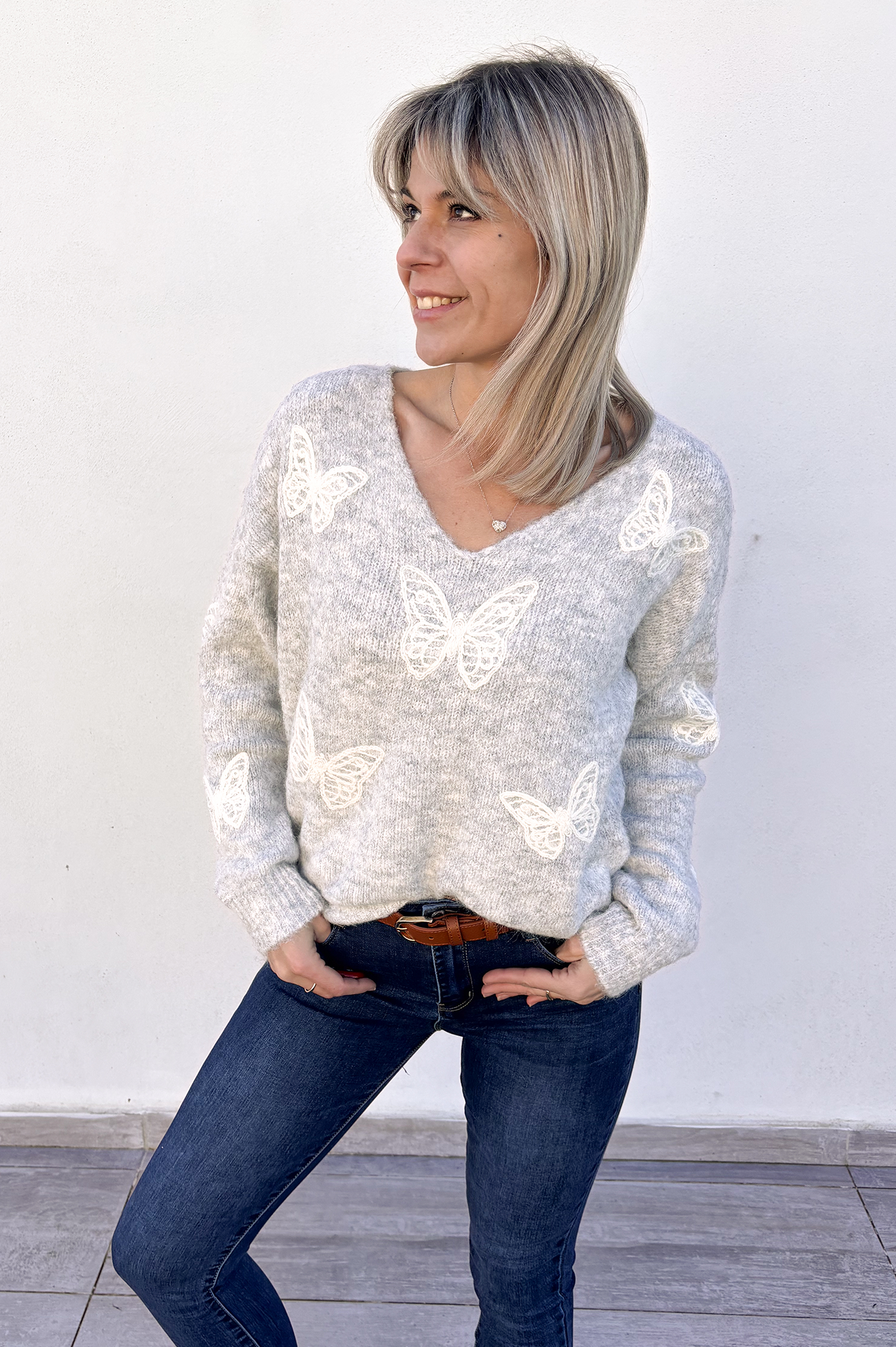 Pull gris clair Papillon