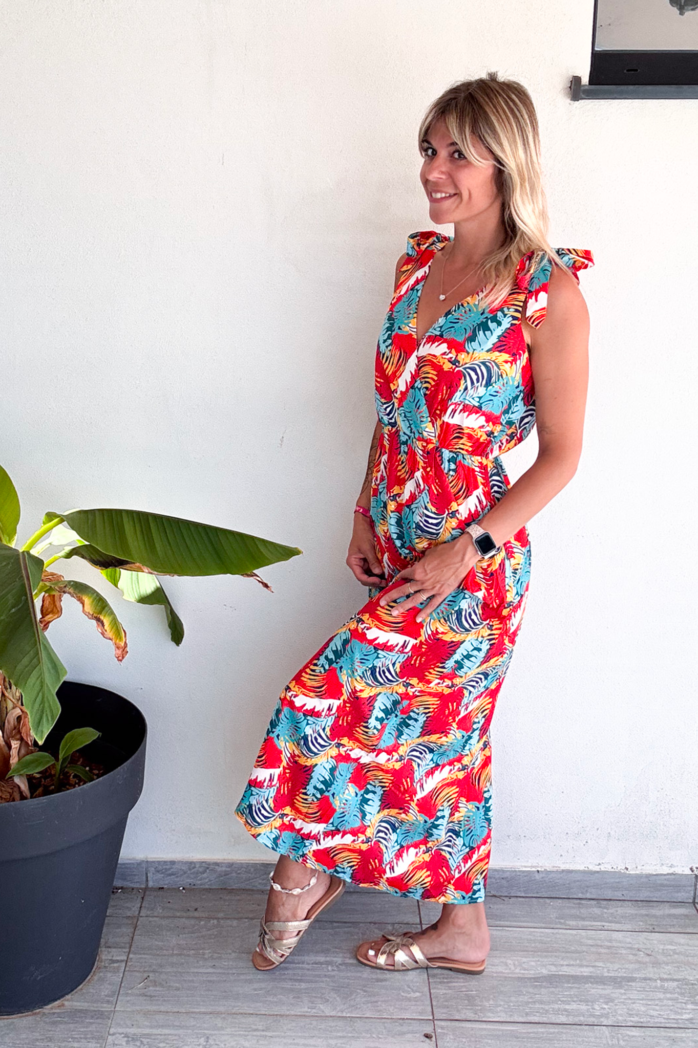 Robe longue motif tropical rouge et vert la boutique de lydie