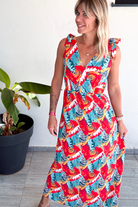 Robe longue motif tropical rouge et vert