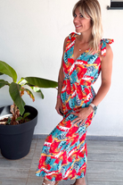 Robe longue motif tropical rouge et vert