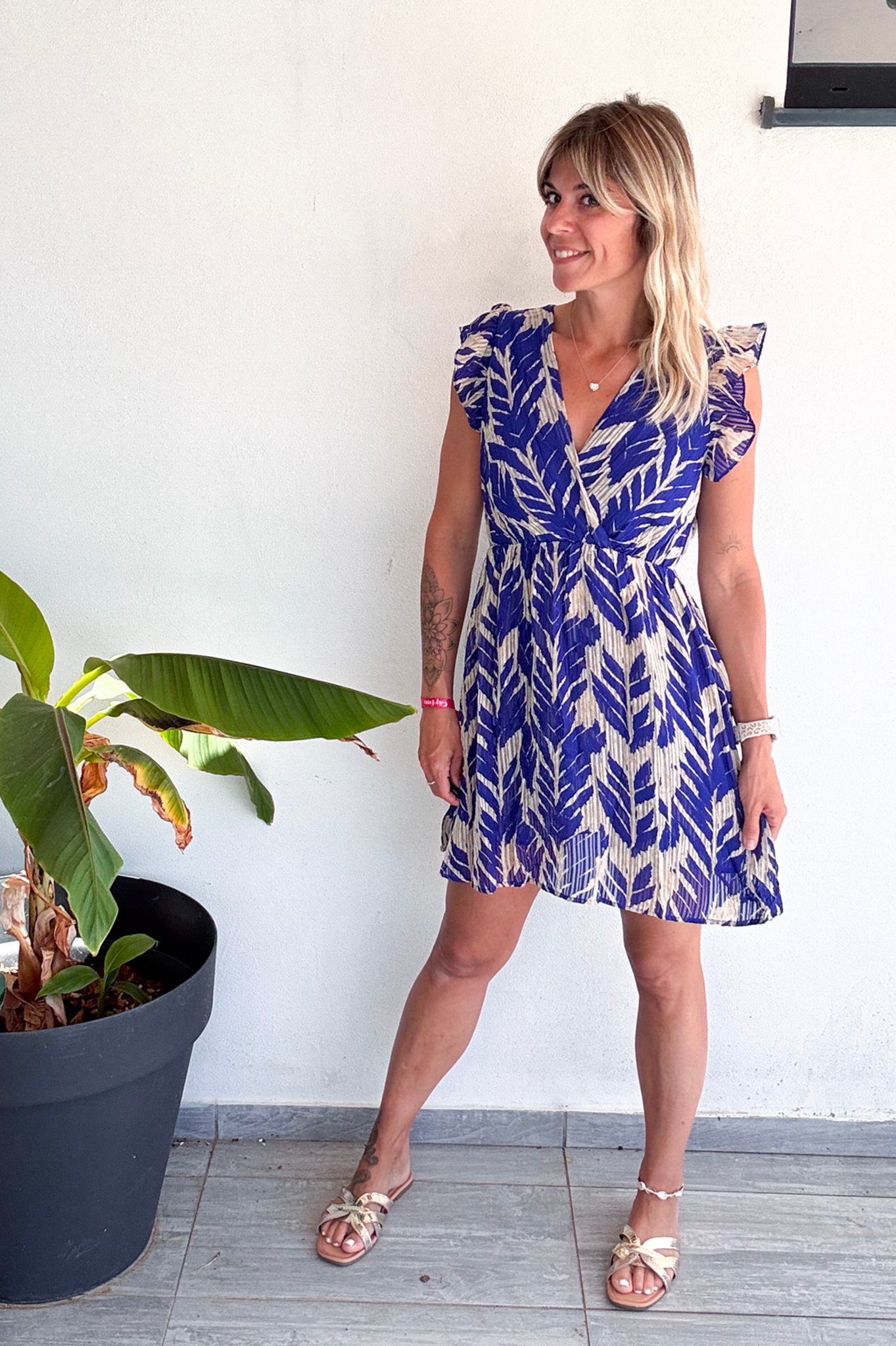 Robe short bleu et écru