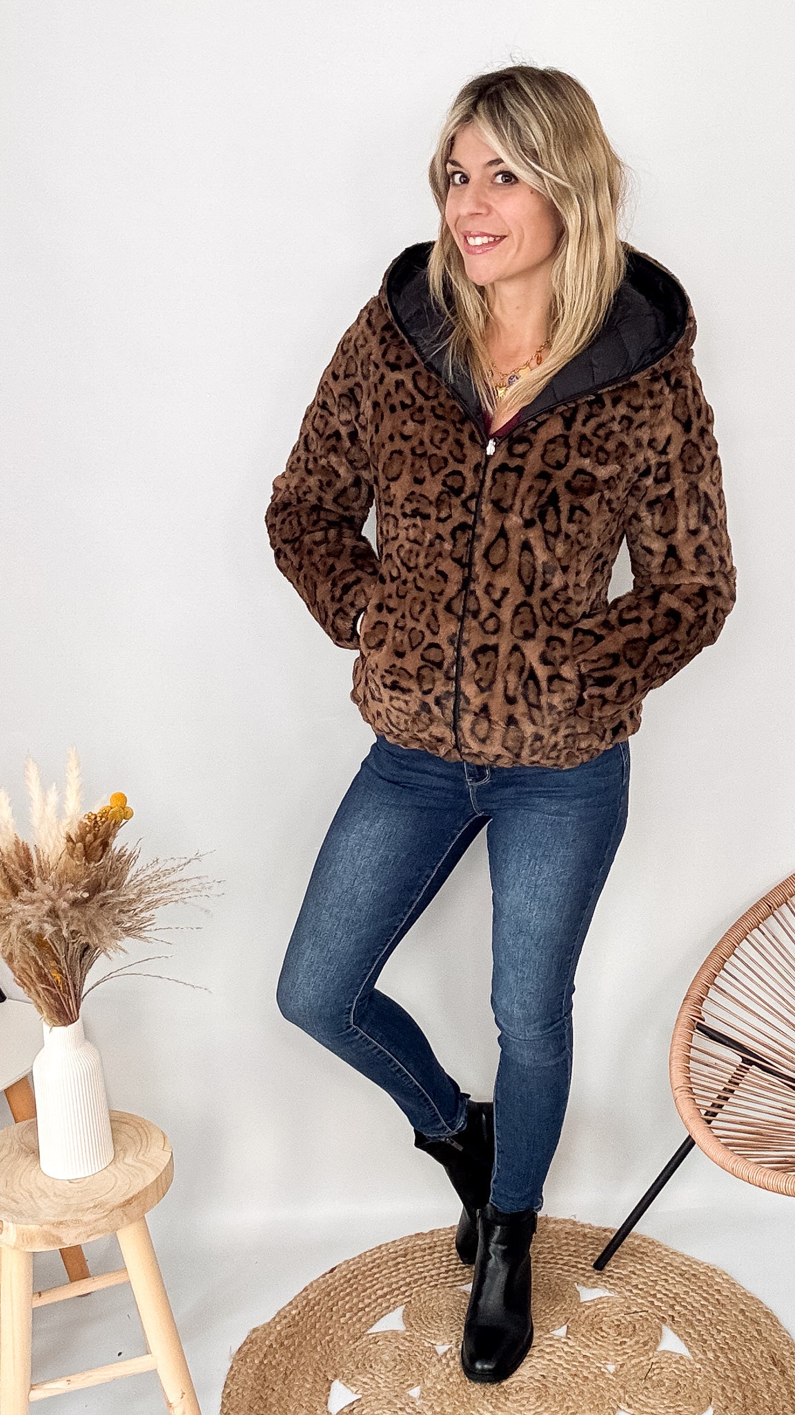 doudoune reversible noire leopard femme