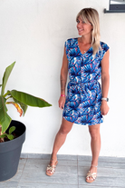 Robe droite fluide bleu motifs tropical la boutique de lydie