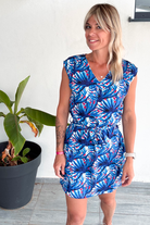 Robe droite fluide bleu motifs tropical