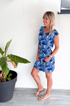 Robe droite fluide bleu motifs tropical