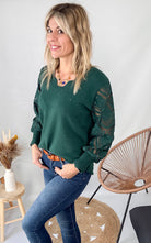 pull vert dentelle manches