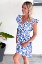 Robe short blanche motifs bleu