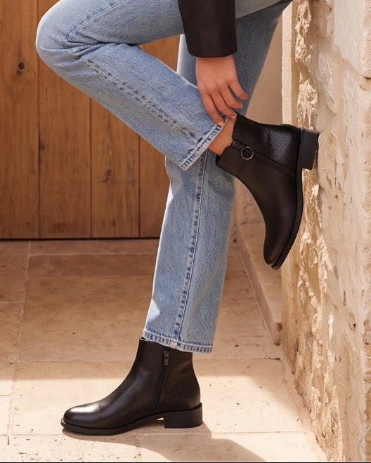 Bottines noires plates bimatière