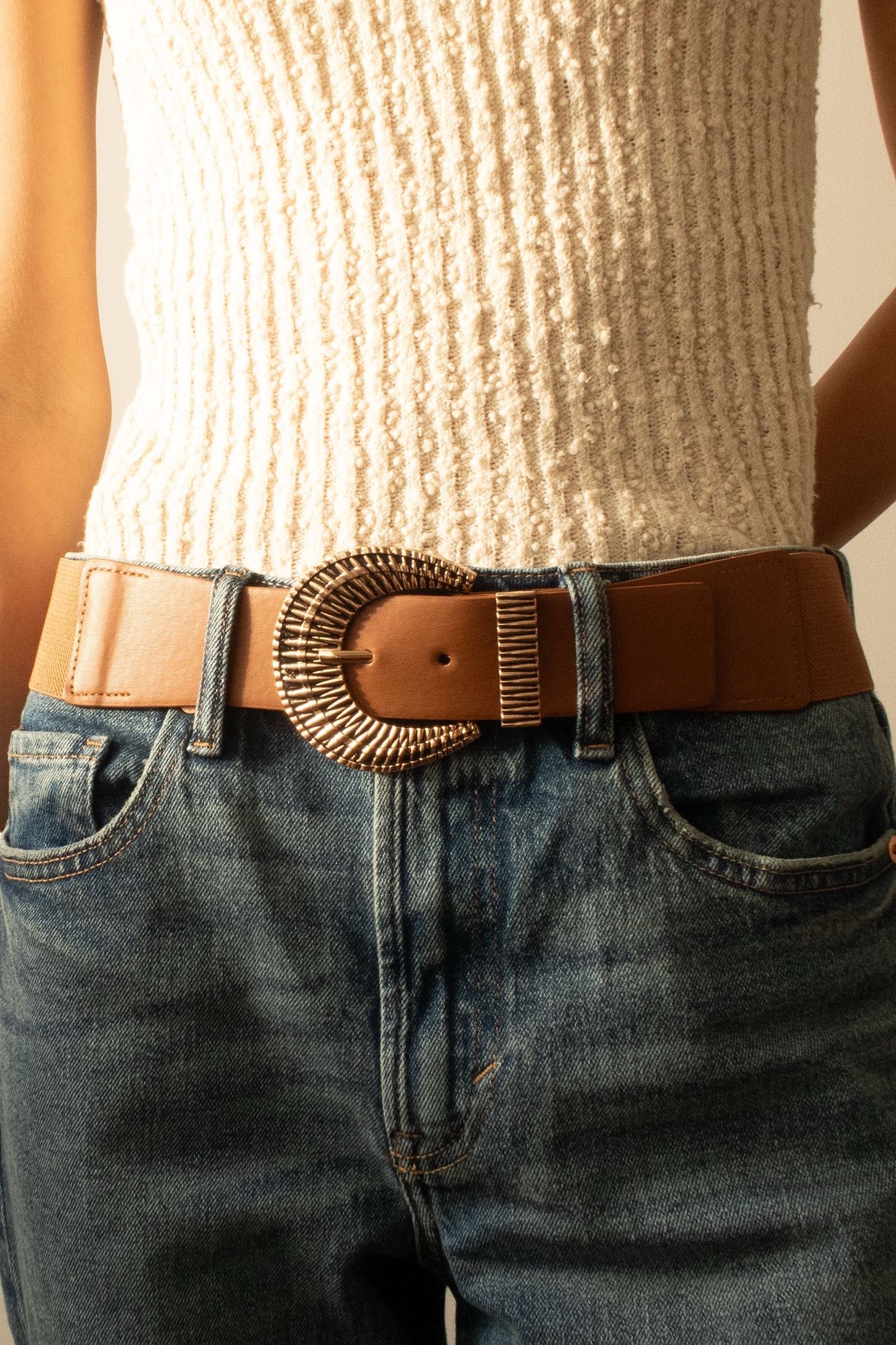 Ceinture Élastique Maggie Camel Taille Unique Boucle Dorée