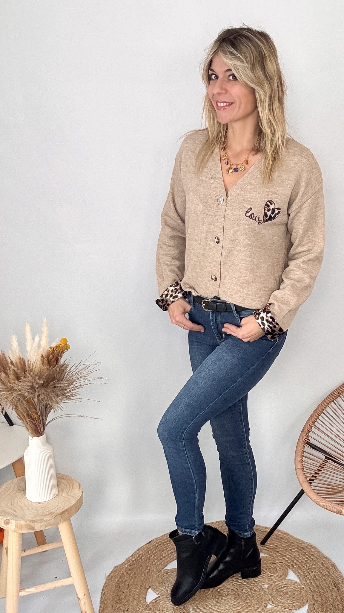 Gilet Cardigan Maille Douce taupe leopard