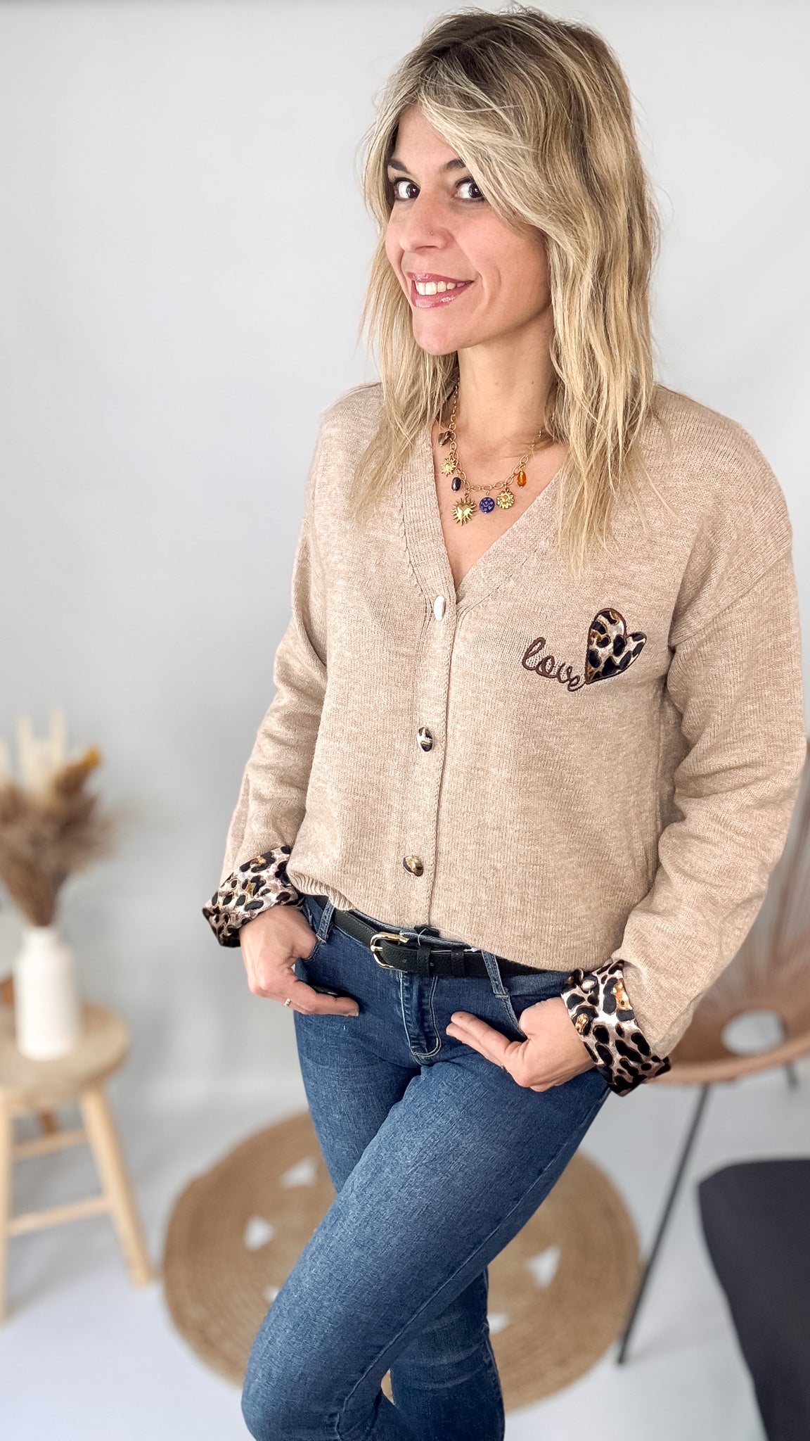 Gilet Cardigan Maille Douce taupe leopard