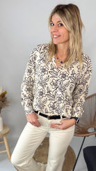 Chemise femme viscose beige motif noir fleurs La Boutique de Lydie